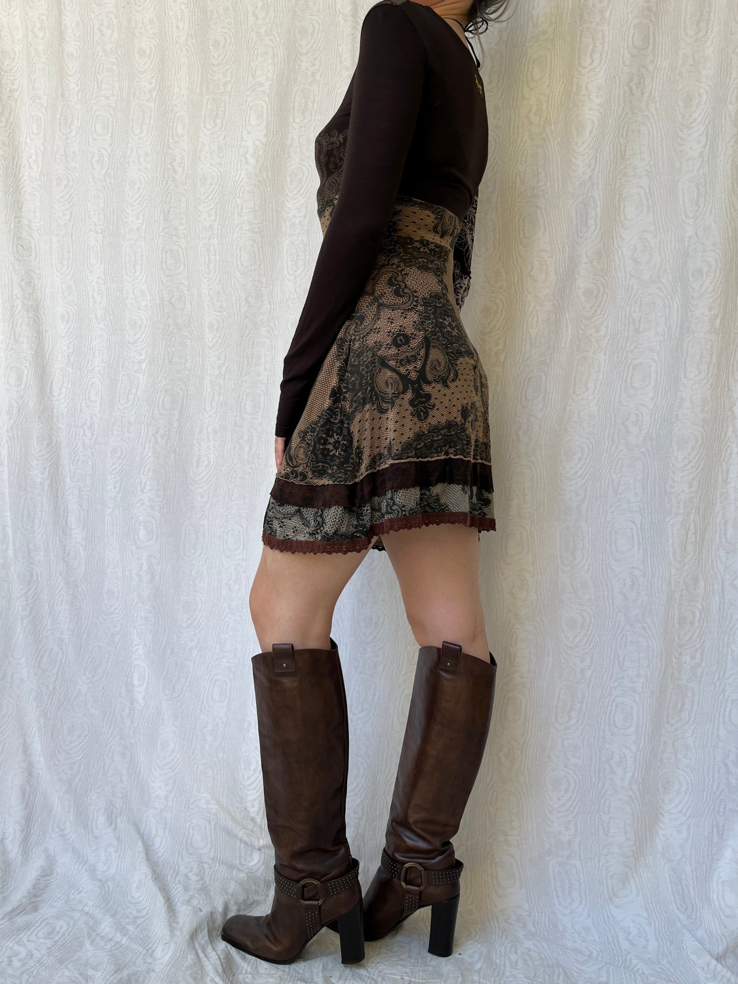 Vintage 00s Boho Desigual Brown Graphic Mini Dress (S)