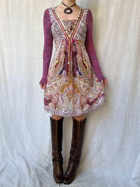 Vintage 00s Eclectic Boho Multi Knee Dress (S)