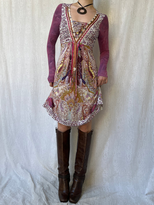Vintage 00s Eclectic Boho Multi Knee Dress (S)