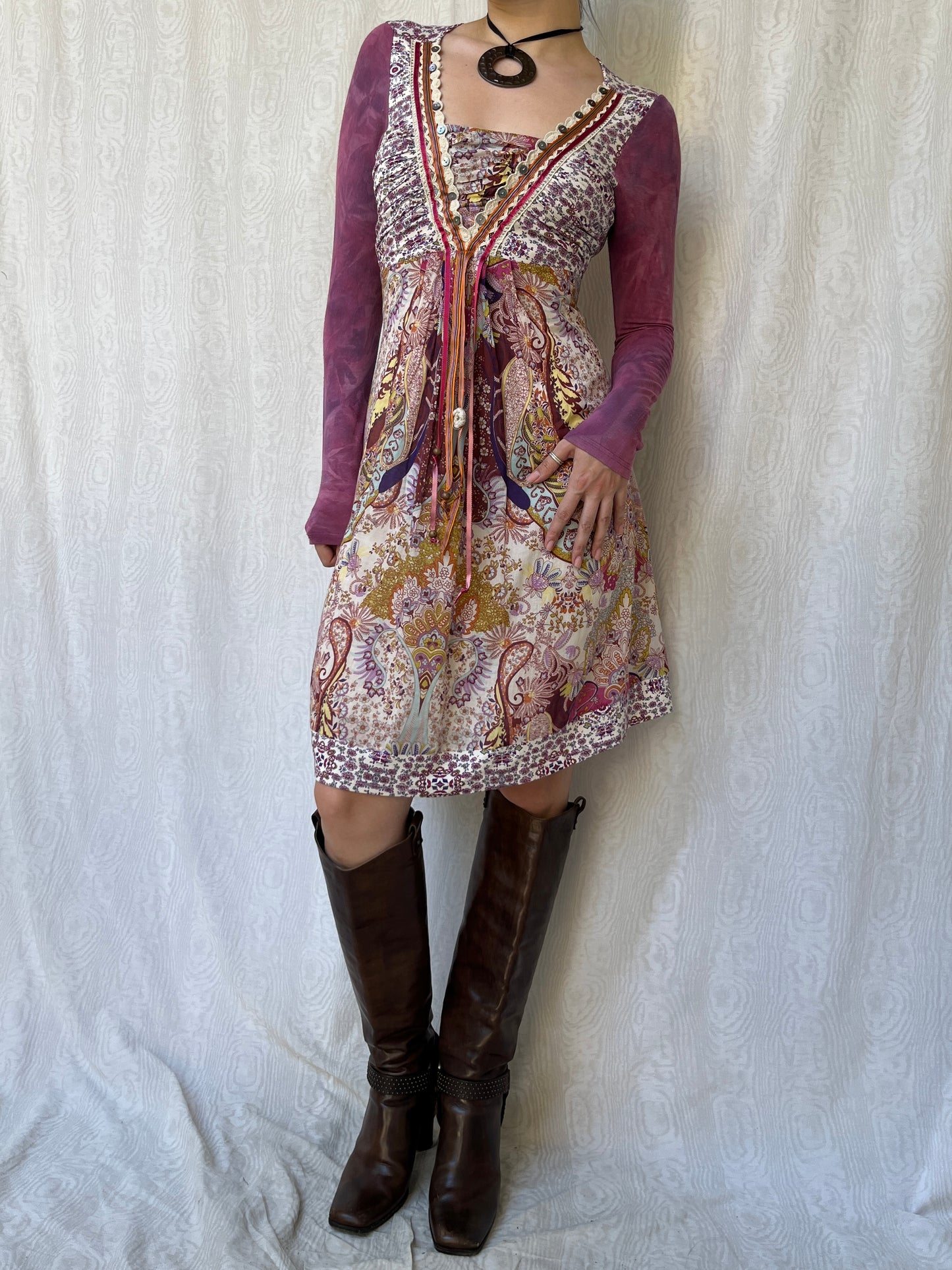 Vintage 00s Eclectic Boho Multi Knee Dress (S)