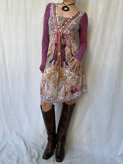 Vintage 00s Eclectic Boho Multi Knee Dress (S)