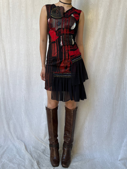 Vintage 00s Eclectic Red & Black Patch Dress (XS/S)