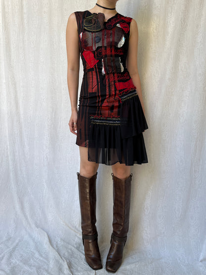 Vintage 00s Eclectic Red & Black Patch Dress (XS/S)
