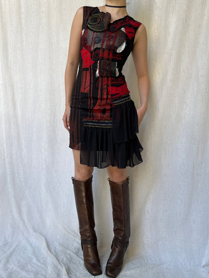Vintage 00s Eclectic Red & Black Patch Dress (XS/S)