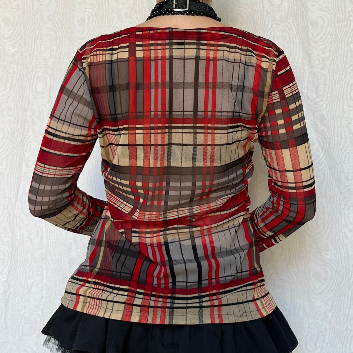 Vintage 00s Eclectic Plaid Mesh Long Sleeve Top (S/M)