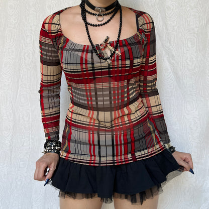 Vintage 00s Eclectic Plaid Mesh Long Sleeve Top (S/M)