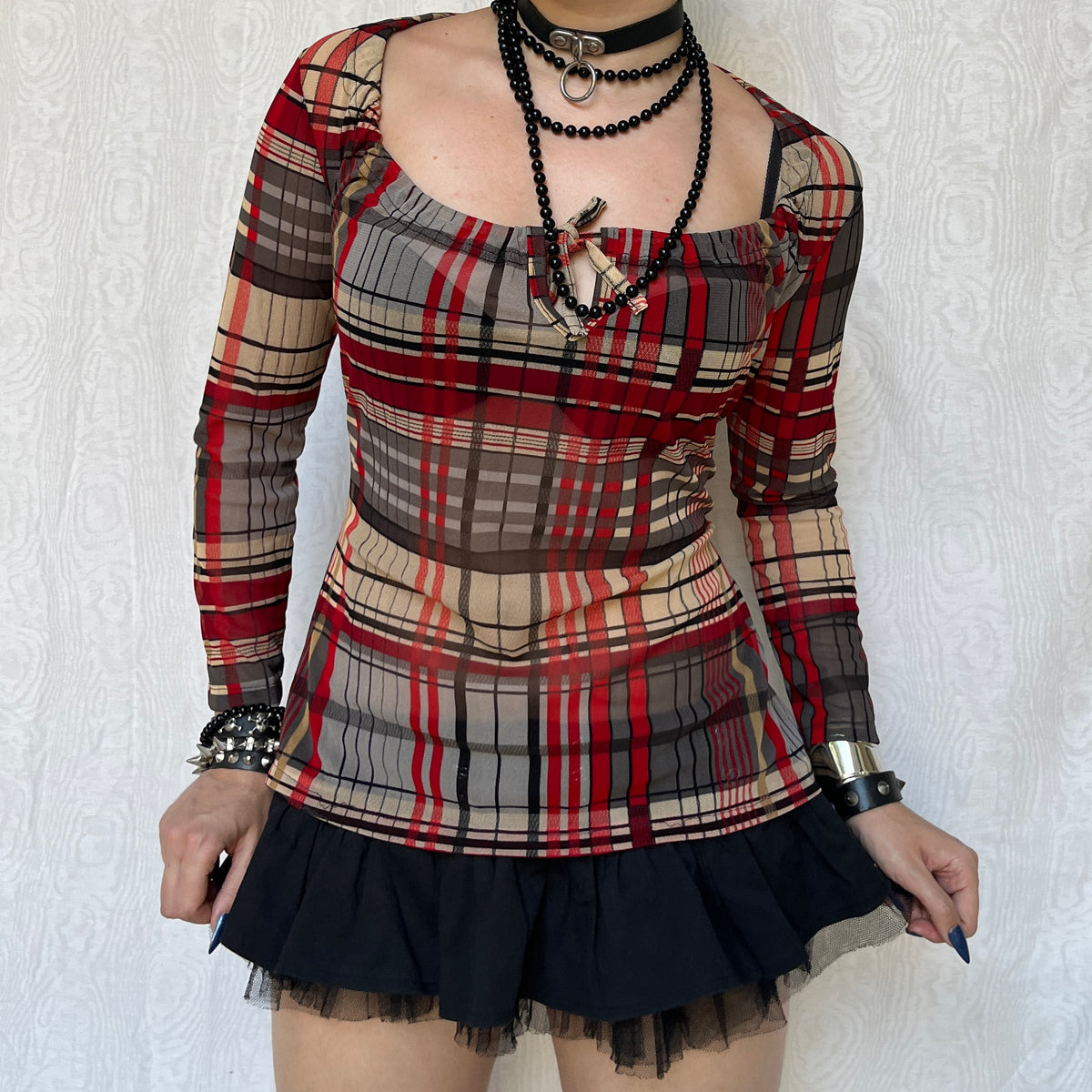 Vintage 00s Eclectic Plaid Mesh Long Sleeve Top (S/M)
