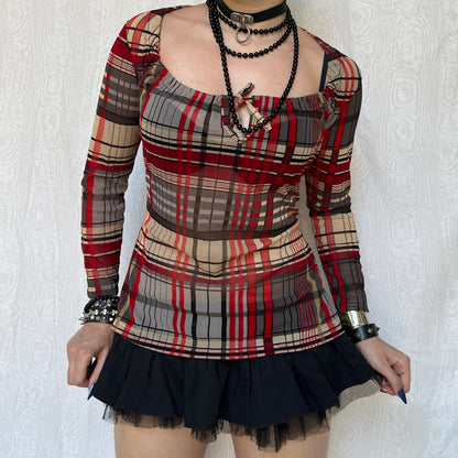 Vintage 00s Eclectic Plaid Mesh Long Sleeve Top (S/M)