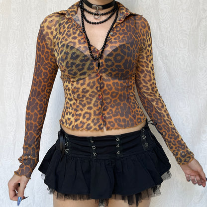 Vintage 00s Eclectic Leopard Graphic Mesh Long Sleeve Top (S)