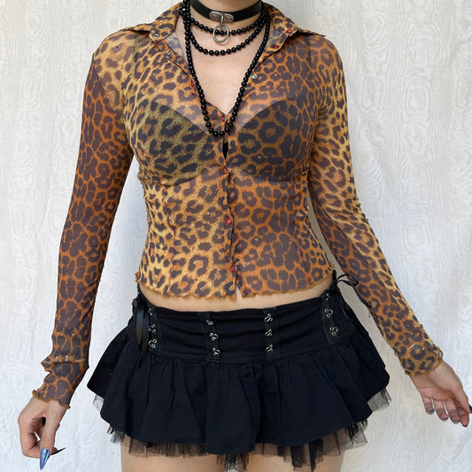 Vintage 00s Eclectic Leopard Graphic Mesh Long Sleeve Top (S)
