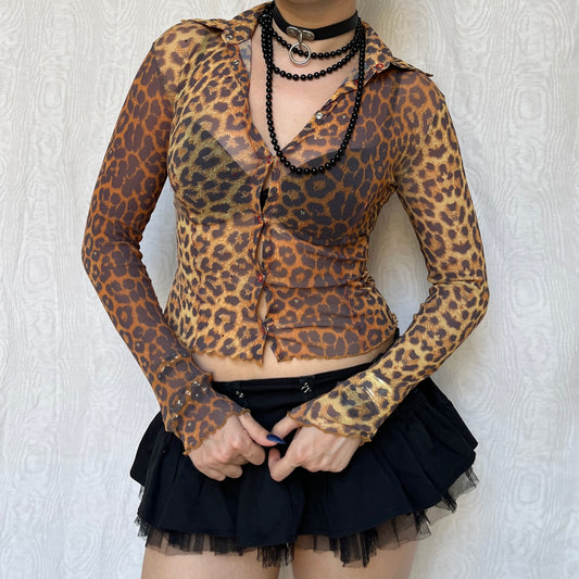 Vintage 00s Eclectic Leopard Graphic Mesh Long Sleeve Top (S)