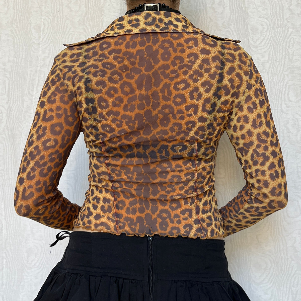 Vintage 00s Eclectic Leopard Graphic Mesh Long Sleeve Top (S)