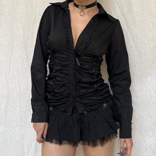 Vintage 00s Corpgoth Black Ruched Button Up Top (M)