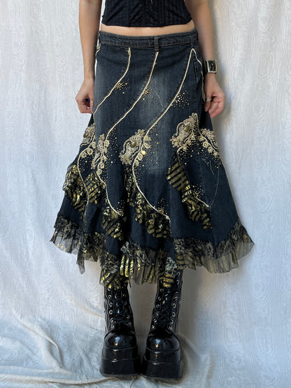 Vintage 00s Grunge Fairy Layered Denim Skirt (M)