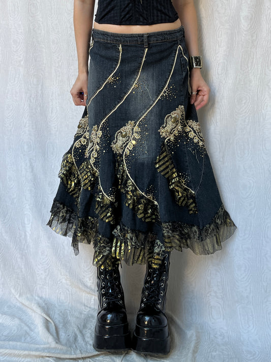 Vintage 00s Grunge Fairy Layered Denim Skirt (M)