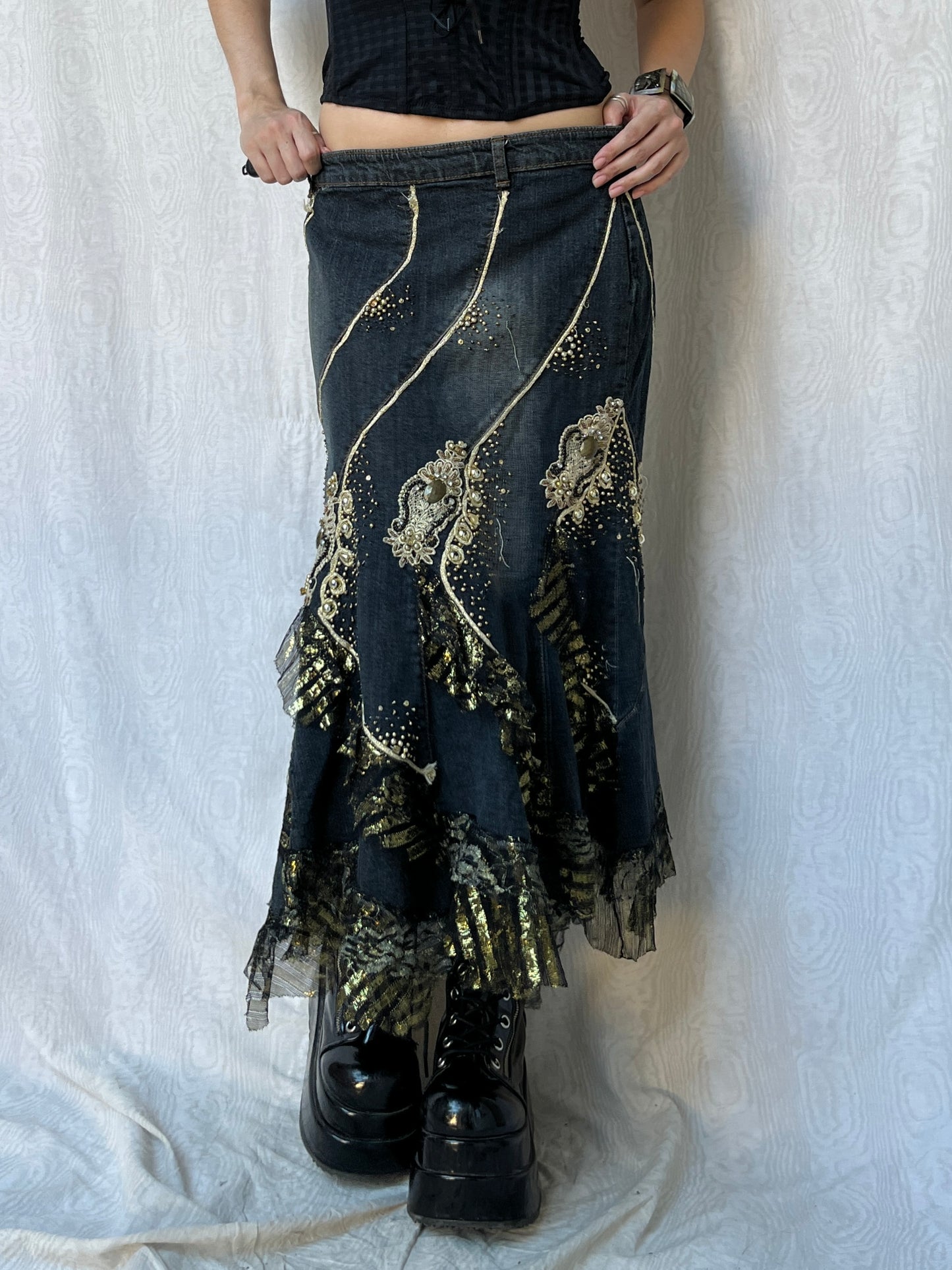 Vintage 00s Grunge Fairy Layered Denim Skirt (M)