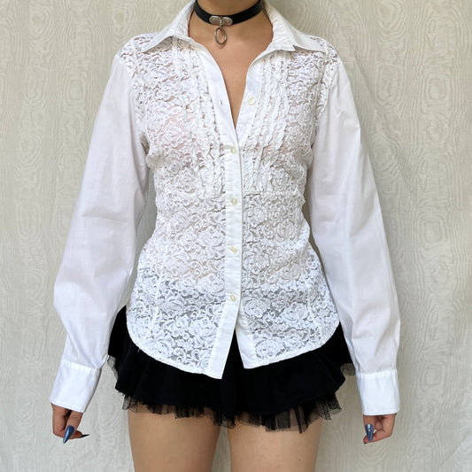 Vintage 00s Romantic White Lace Button Up Top (M)