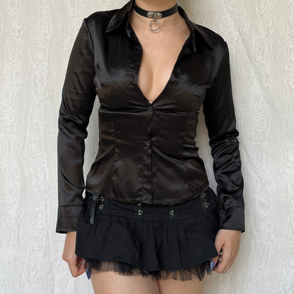 Vintage 00s Office Siren Black Satin Top (S)