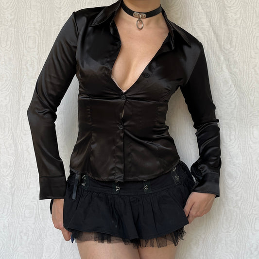Vintage 00s Office Siren Black Satin Top (S)