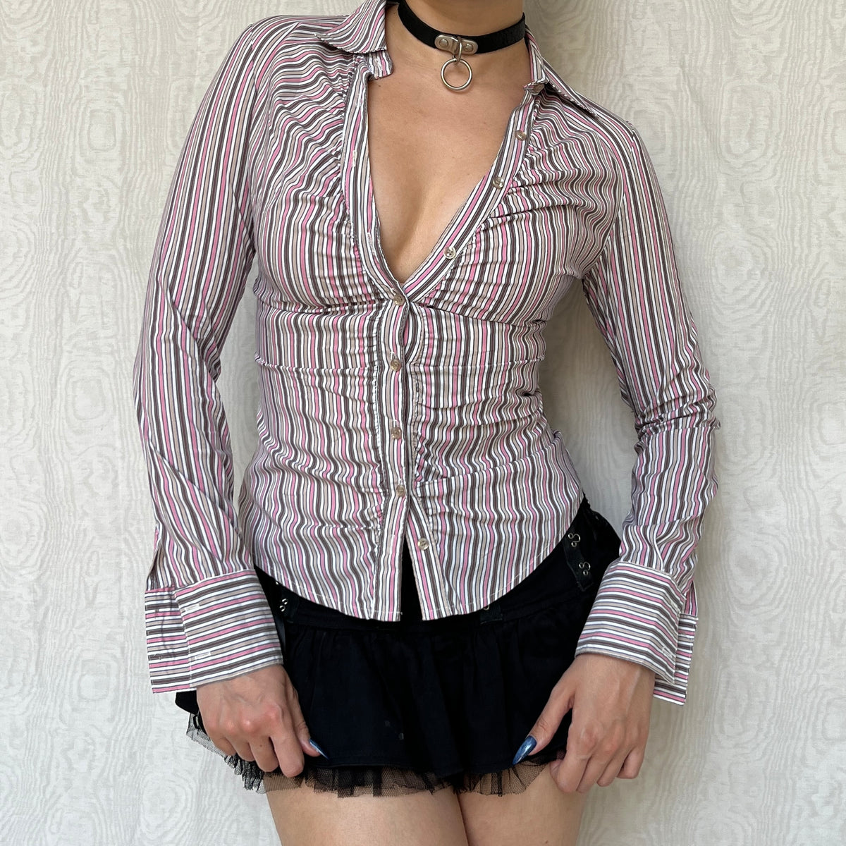 Vintage 00s Office Siren Striped Button Up Top (S)