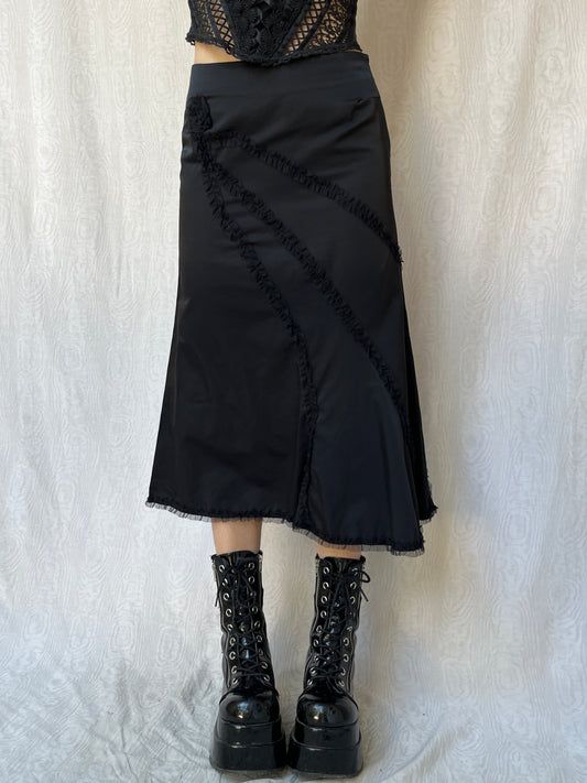 Vintage 00s Gothic Formal Black Midi Skirt (XS/S)