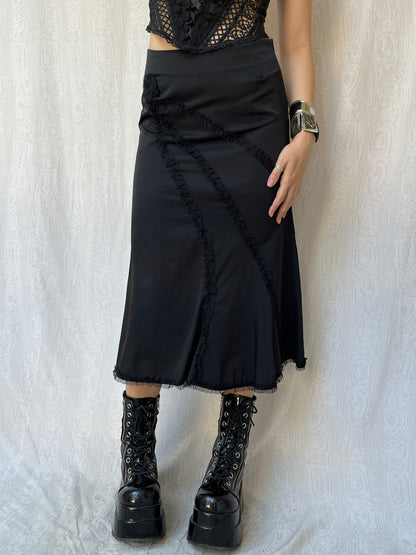 Vintage 00s Gothic Formal Black Midi Skirt (XS/S)