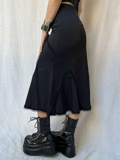 Vintage 00s Gothic Formal Black Midi Skirt (XS/S)