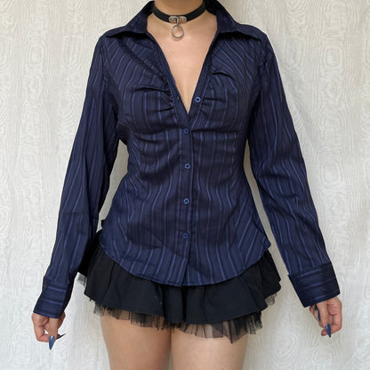 Vintage 00s Office Siren Striped Button Up Top (M)