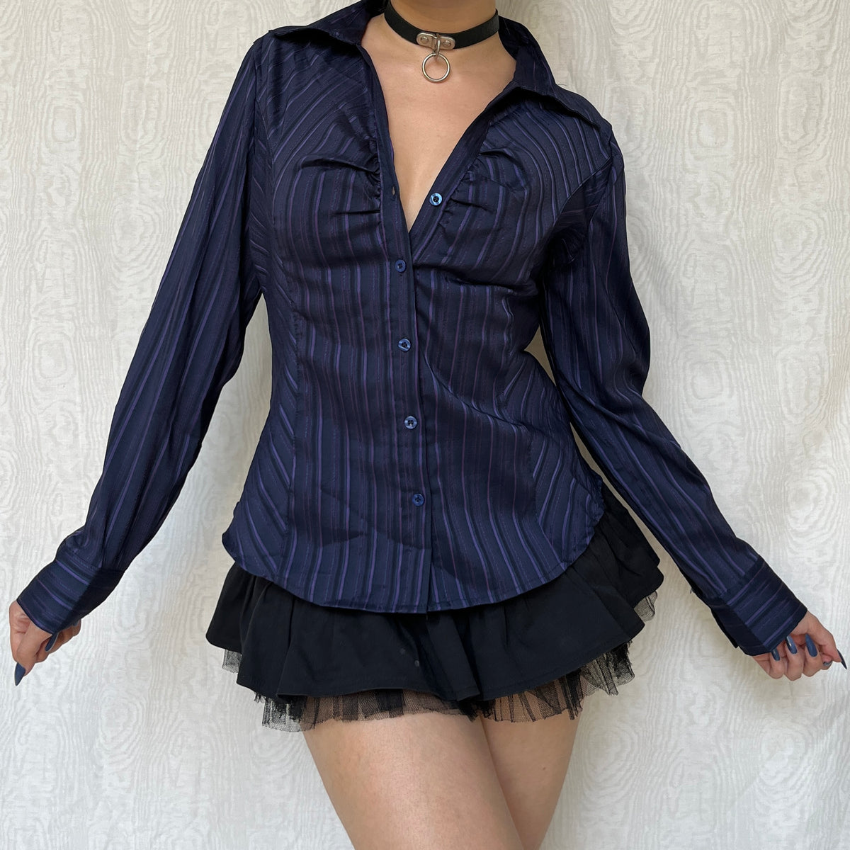 Vintage 00s Office Siren Striped Button Up Top (M)