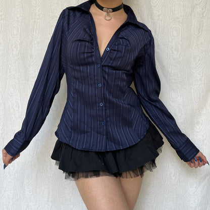 Vintage 00s Office Siren Striped Button Up Top (M)