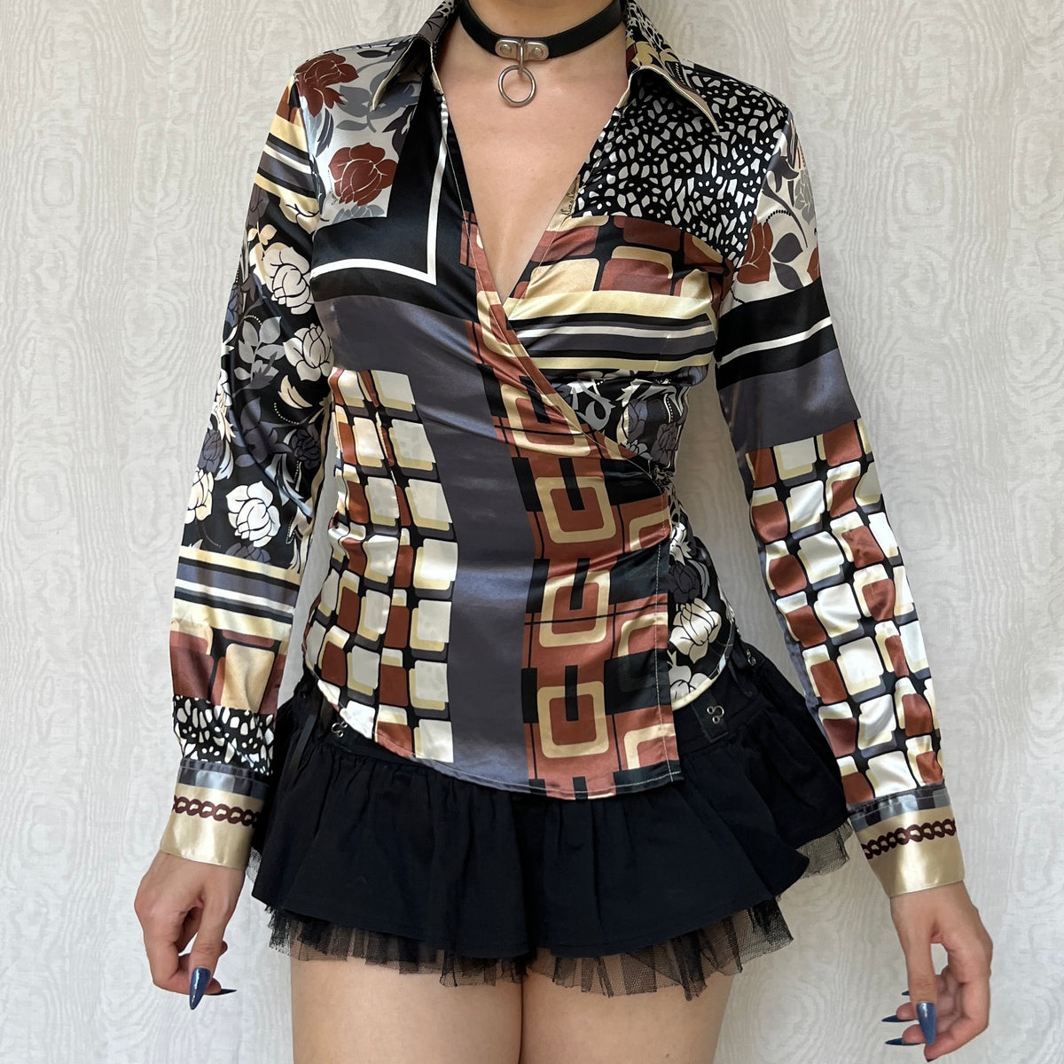 Vintage 00s Eclectic Graphic Wrap Blouse Top (S/M)