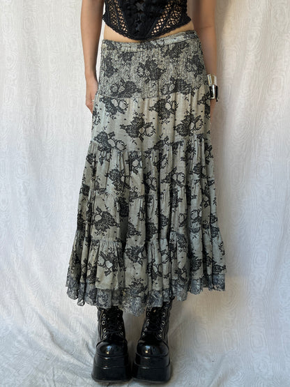 Vintage 00s Whimsigoth Lace Print Tiered Maxi Skirt (M)