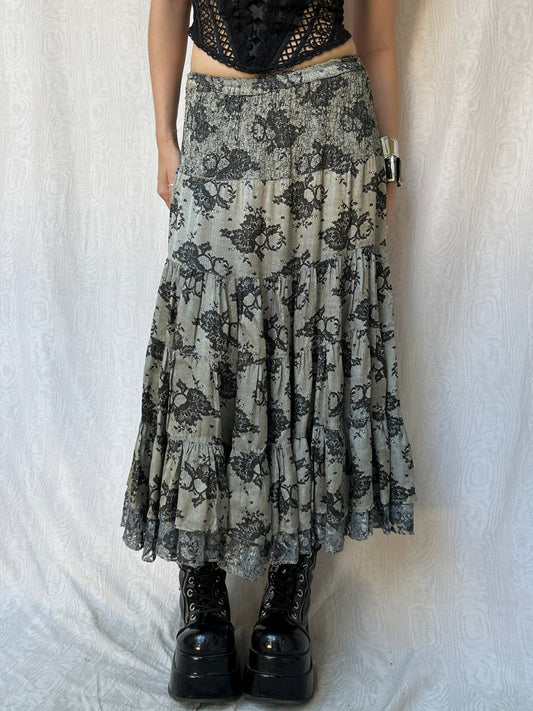 Vintage 00s Whimsigoth Lace Print Tiered Maxi Skirt (M)