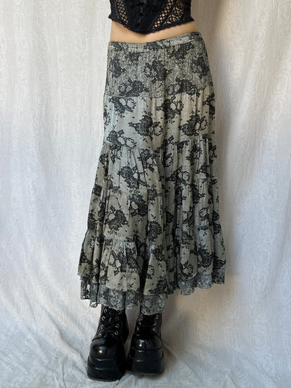 Vintage 00s Whimsigoth Lace Print Tiered Maxi Skirt (M)