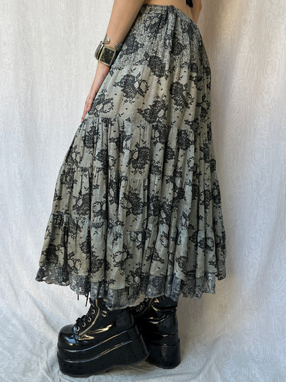 Vintage 00s Whimsigoth Lace Print Tiered Maxi Skirt (M)