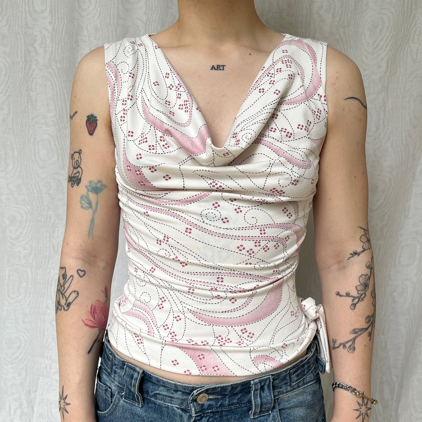 Vintage 00s Romcom Graphic Cowl White Top (S)