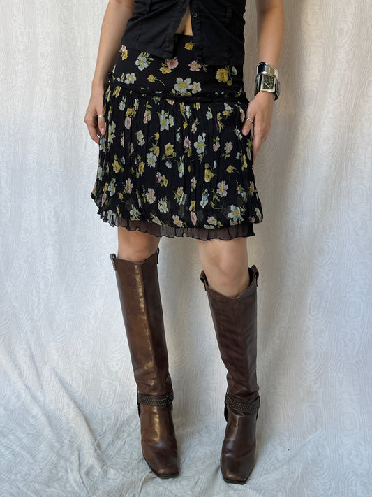 Vintage 00s Designer Floral Silk Knee Skirt (S)