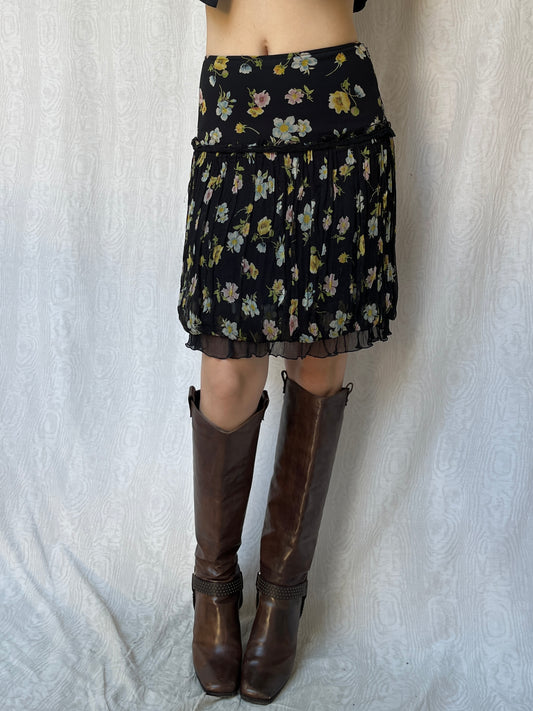 Vintage 00s Designer Floral Silk Knee Skirt (S)
