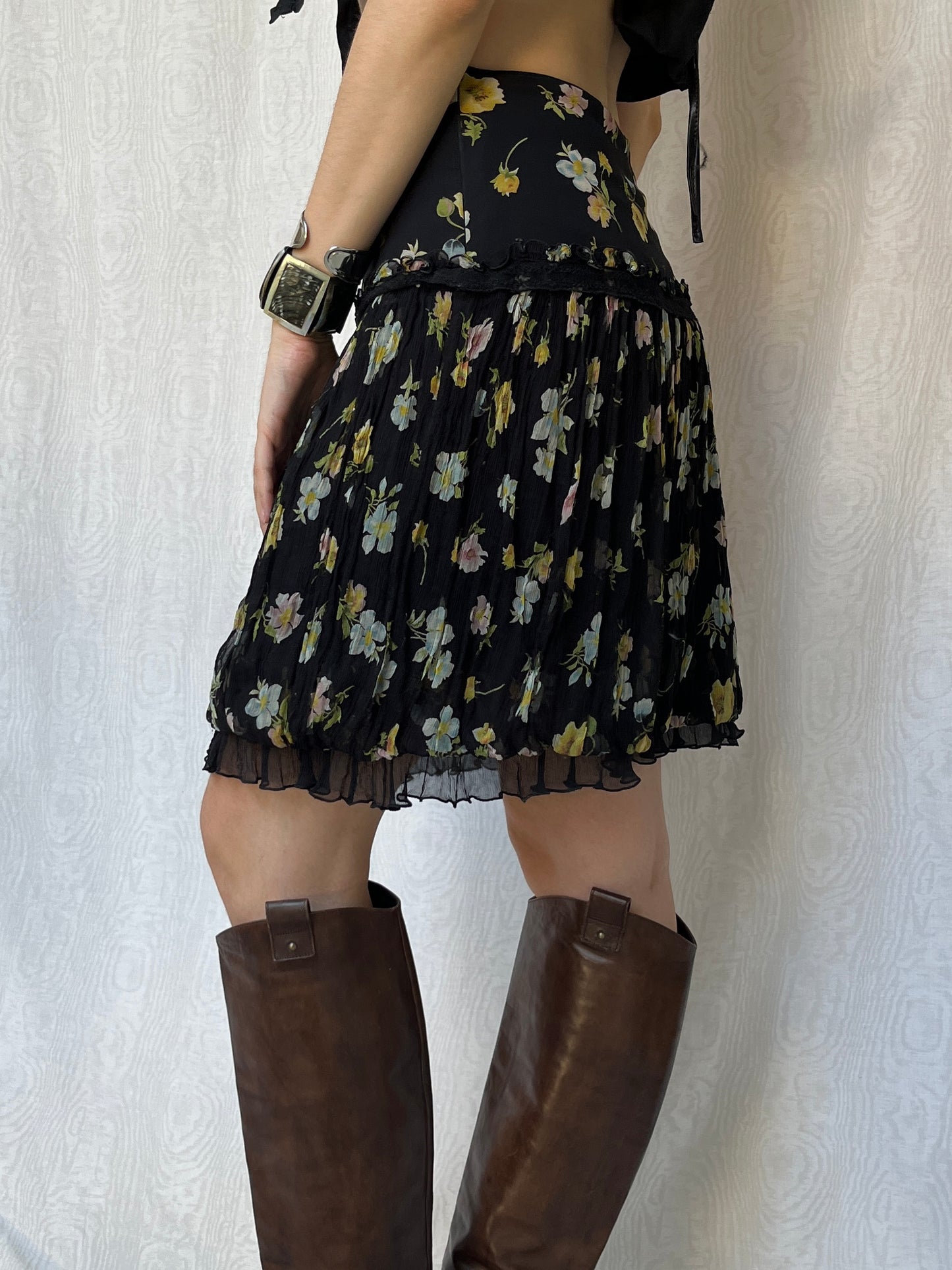 Vintage 00s Designer Floral Silk Knee Skirt (S)