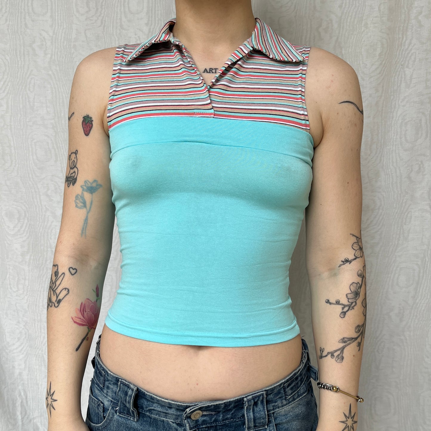 Vintage 00s Dedstock Eclectic Stripped Turquoise Top (S)
