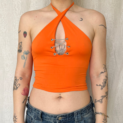 Vintage 00s Deadstock Clubwear Halter Orange Top (S)