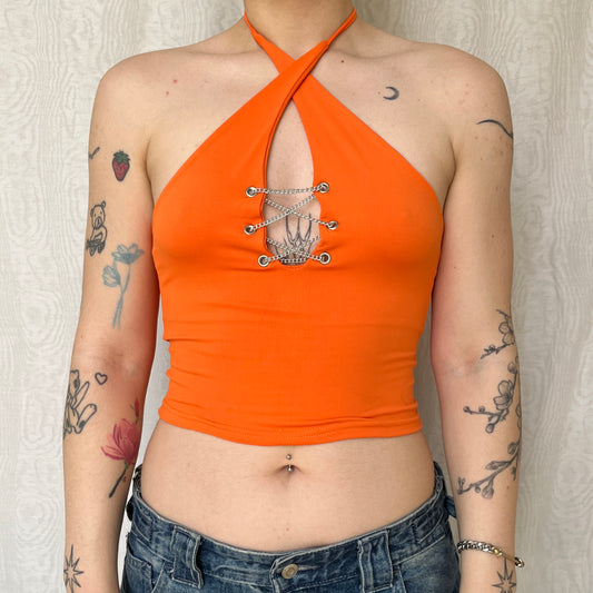 Vintage 00s Deadstock Clubwear Halter Orange Top (S)