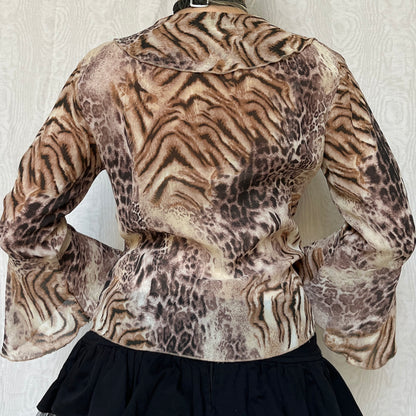 Vintage 00s Eclectic Leopard & Tiger Print Mesh Blouse (M)