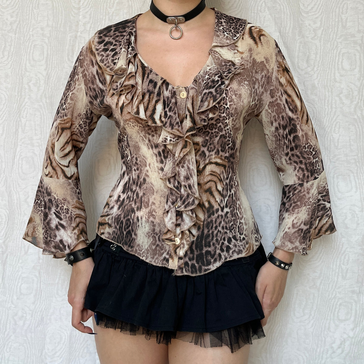 Vintage 00s Eclectic Leopard & Tiger Print Mesh Blouse (M)