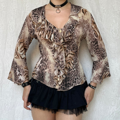 Vintage 00s Eclectic Leopard & Tiger Print Mesh Blouse (M)