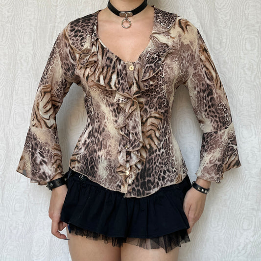 Vintage 00s Eclectic Leopard & Tiger Print Mesh Blouse (M)