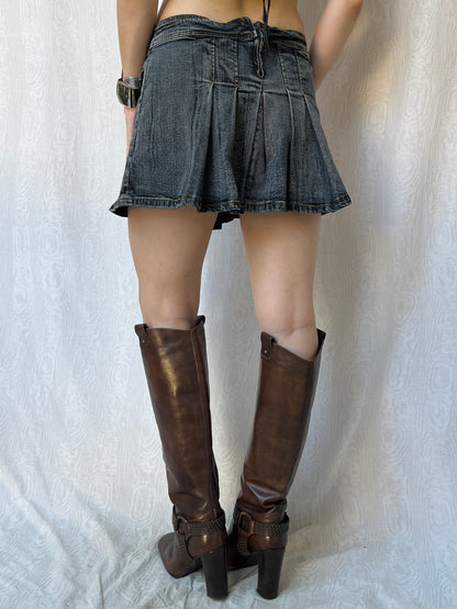 Vintage 00s Grunge Dark Denim Pleated Mini Skirt (S)
