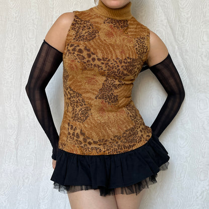Vintage 00s Eclectic Leopard & Floral Gold Glittery Top (S/M)