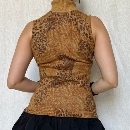 Vintage 00s Eclectic Leopard & Floral Gold Glittery Top (S/M)
