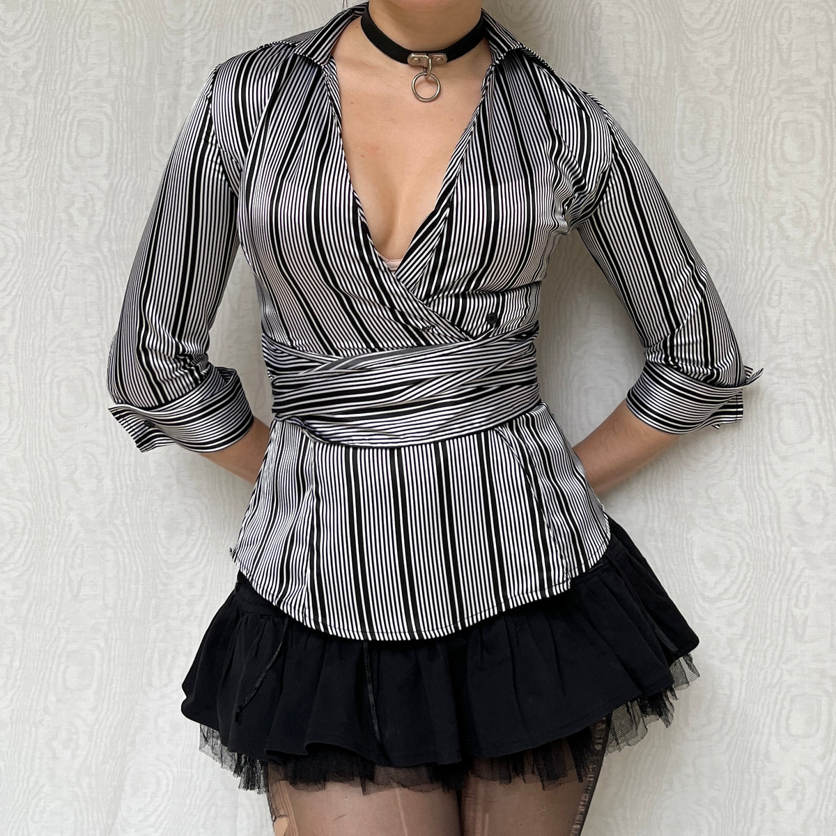 Vintage 00s Office Siren Stripped Wrap Blouse Top (S)